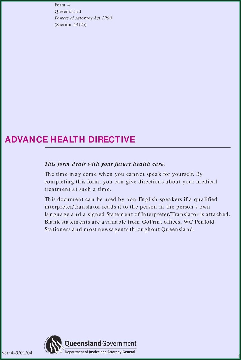 Advance Health Directive Forms Queensland