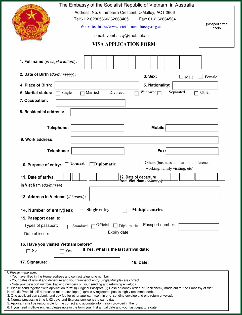 Australia Embassy Visa Application Form
