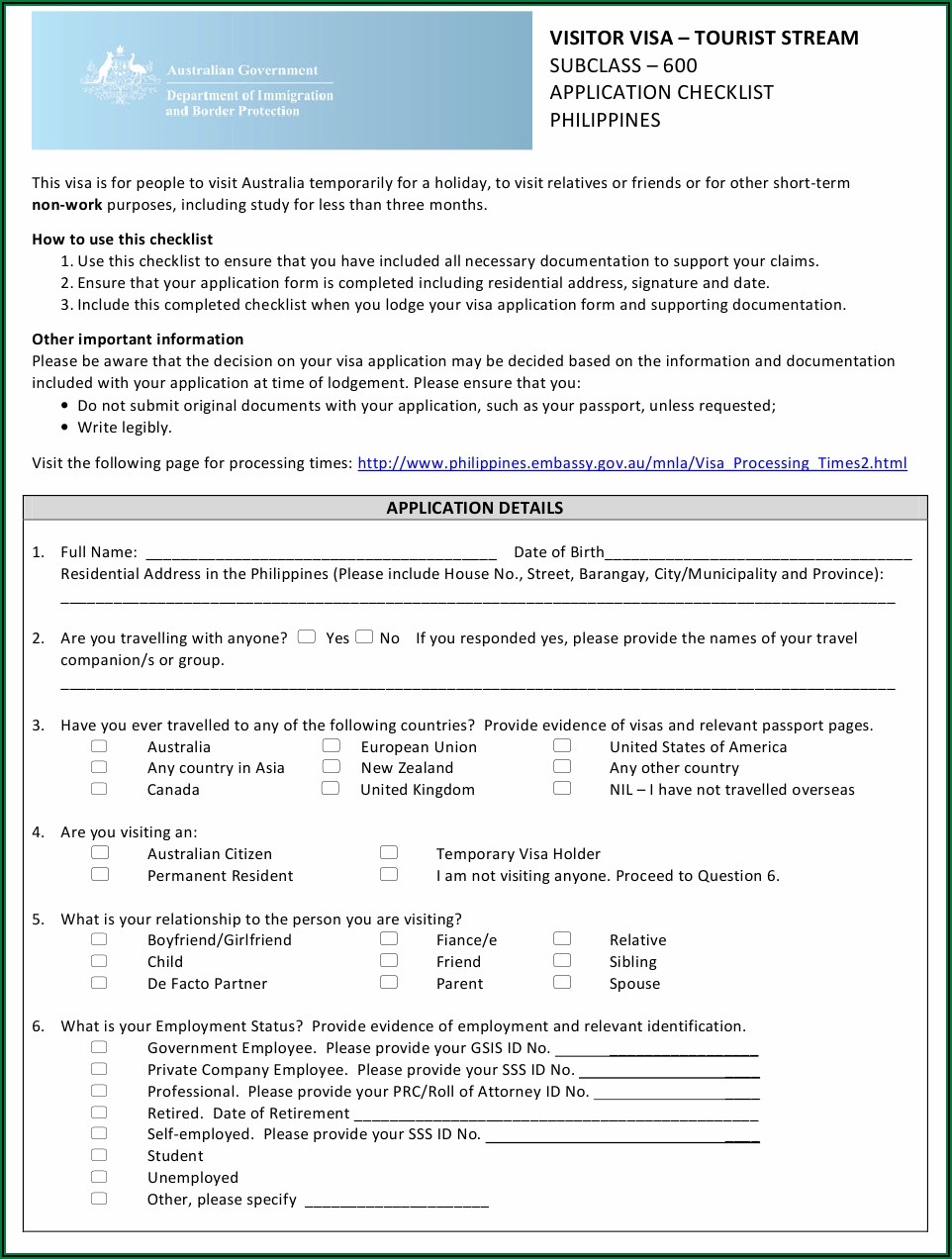 Australia Visitor Visa Application Form