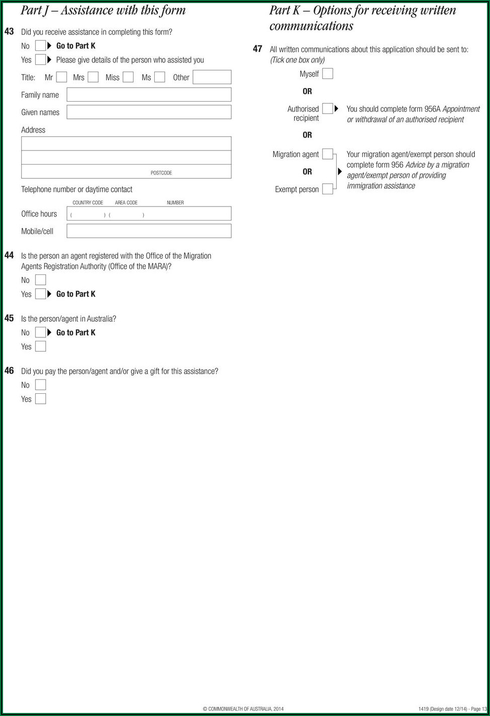 Australian Tourist Visa Application Form 956a