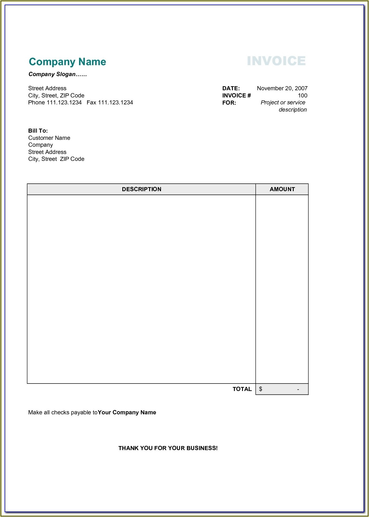 Basic Invoice Template Word Free