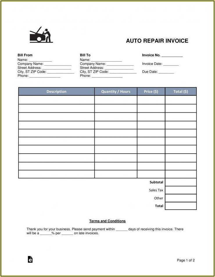 Free Auto Repair Invoice Template Word