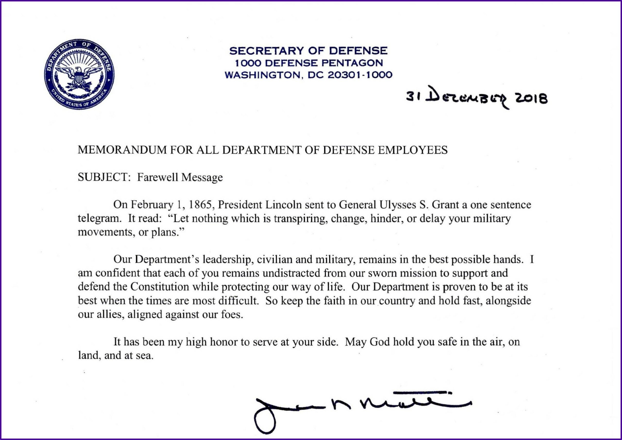 Jim Mattis Resignation Letter