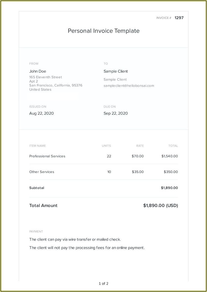Personal Invoice Template Word Download Free