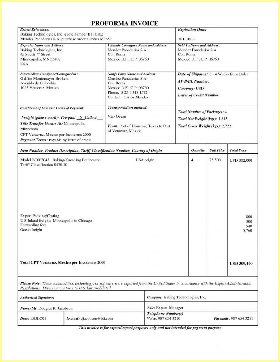 Pro Forma Invoice Template Excel