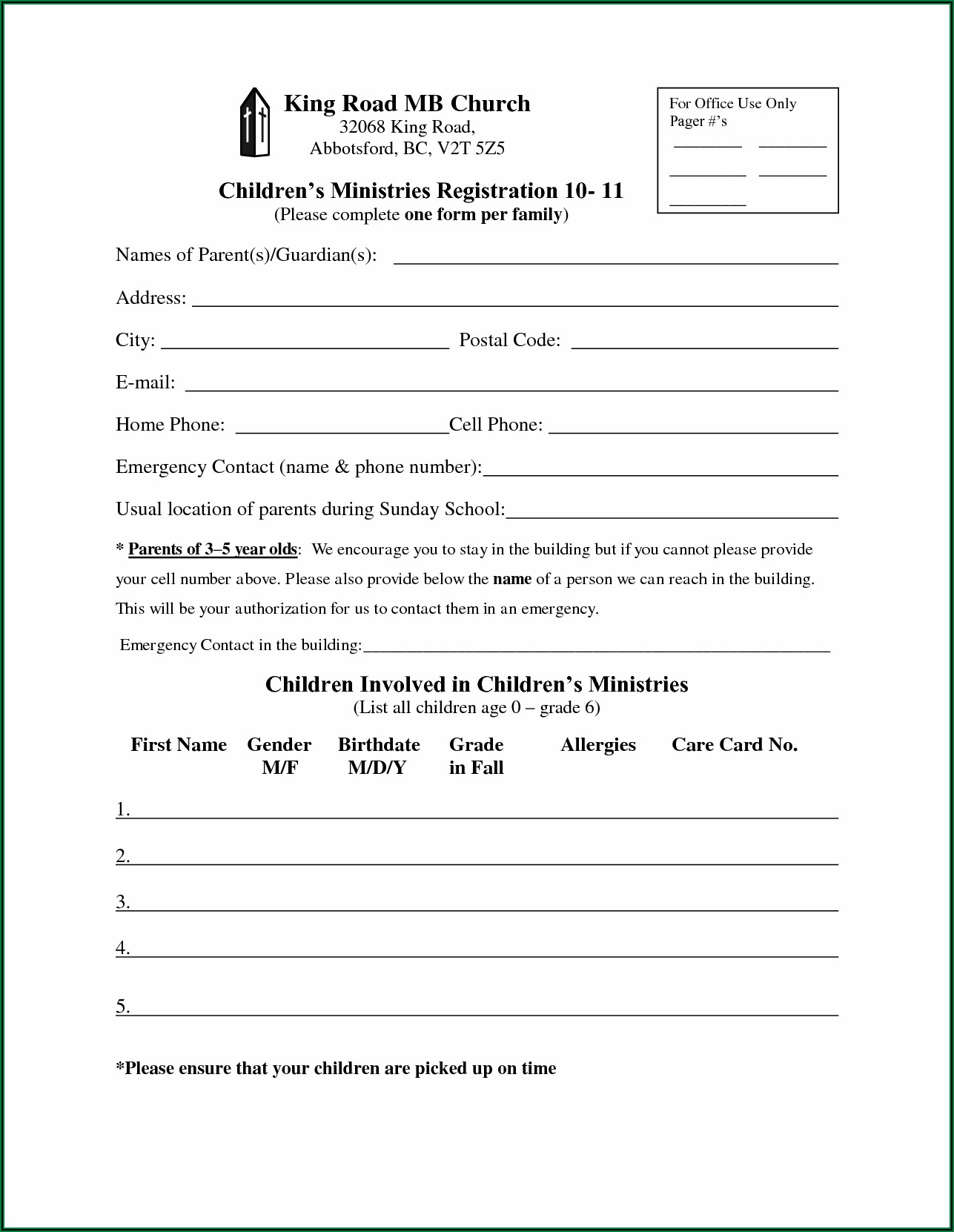 Church Youth Registration Form Template