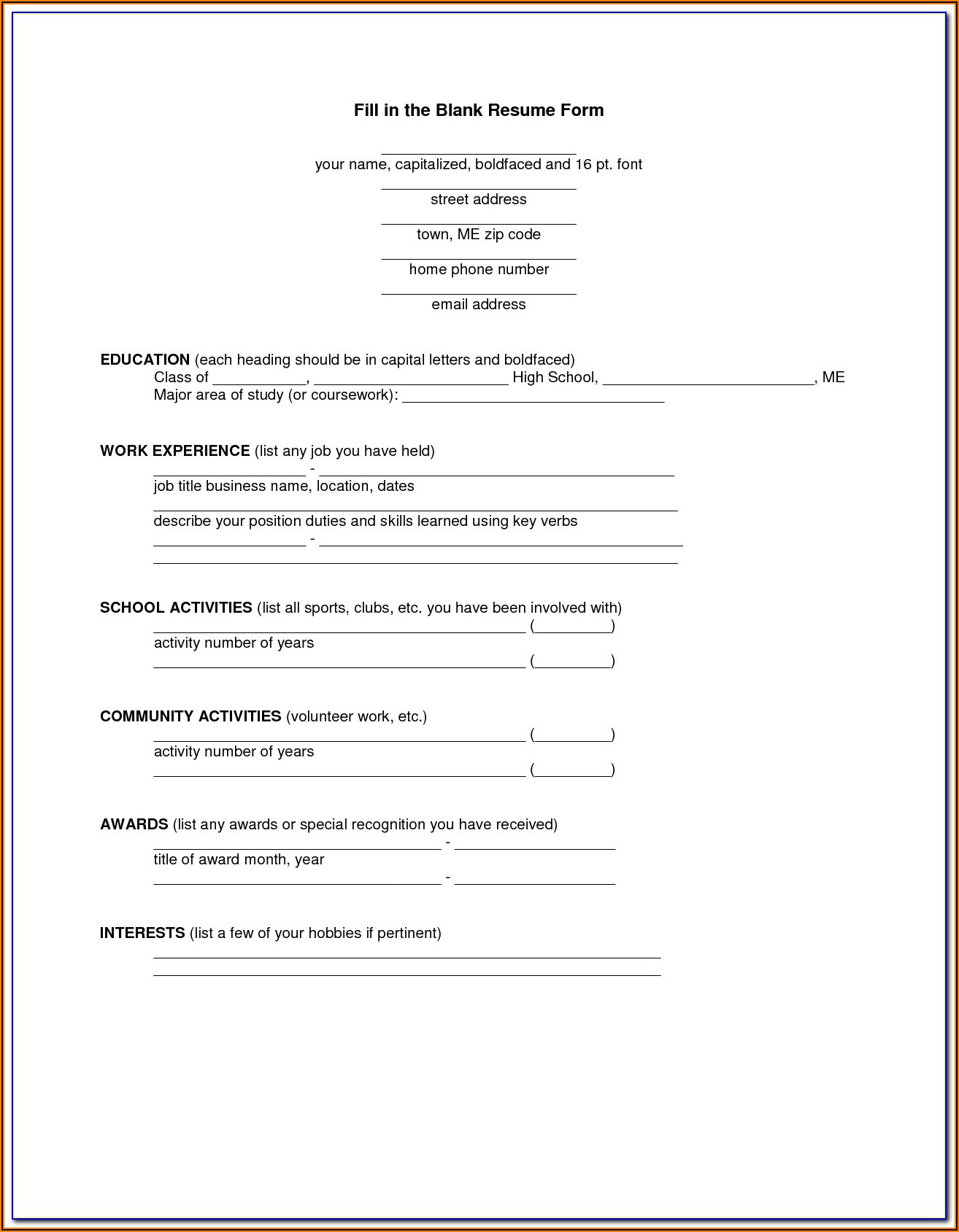Fill In The Blank Resume Form