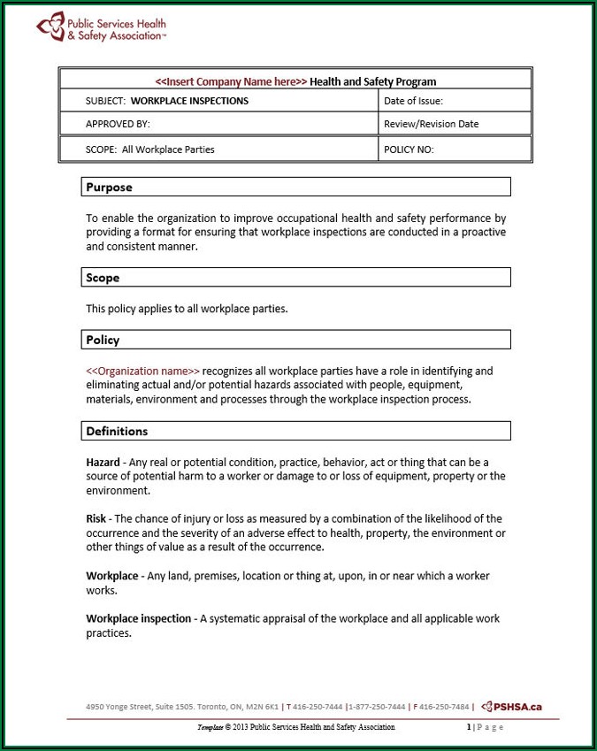 Health And Safety Workplace Inspection Template