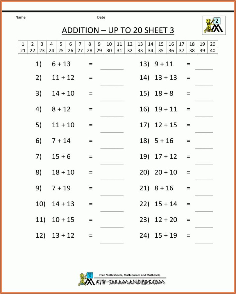 Math Facts Up To 20 Worksheet