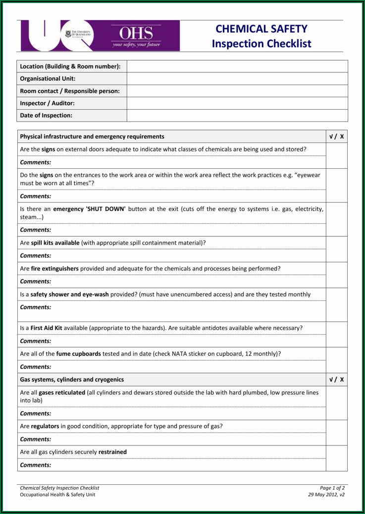 Monthly Health And Safety Workplace Inspection Checklist
