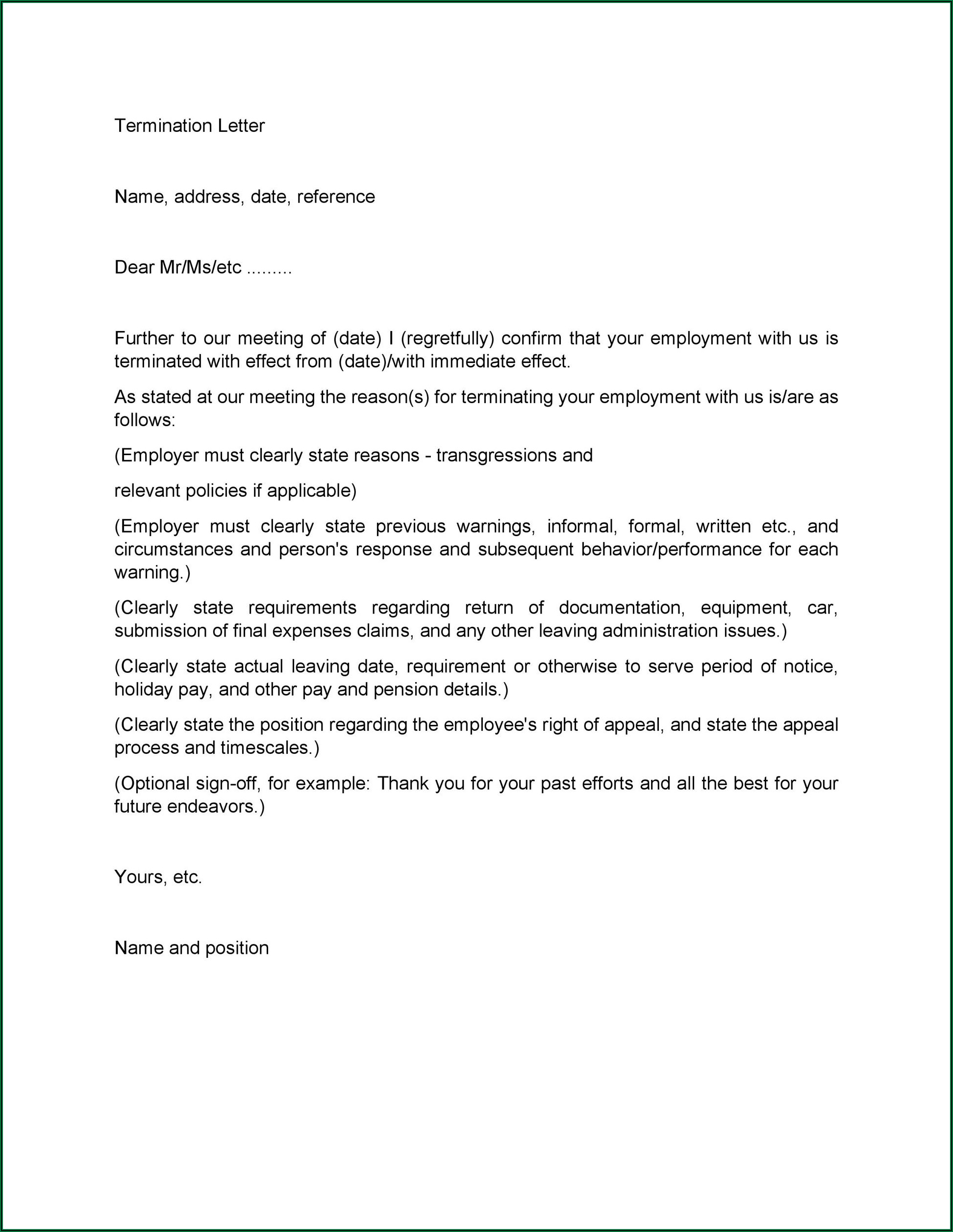 Notice Of Termination Of Employment Letter Template Uk
