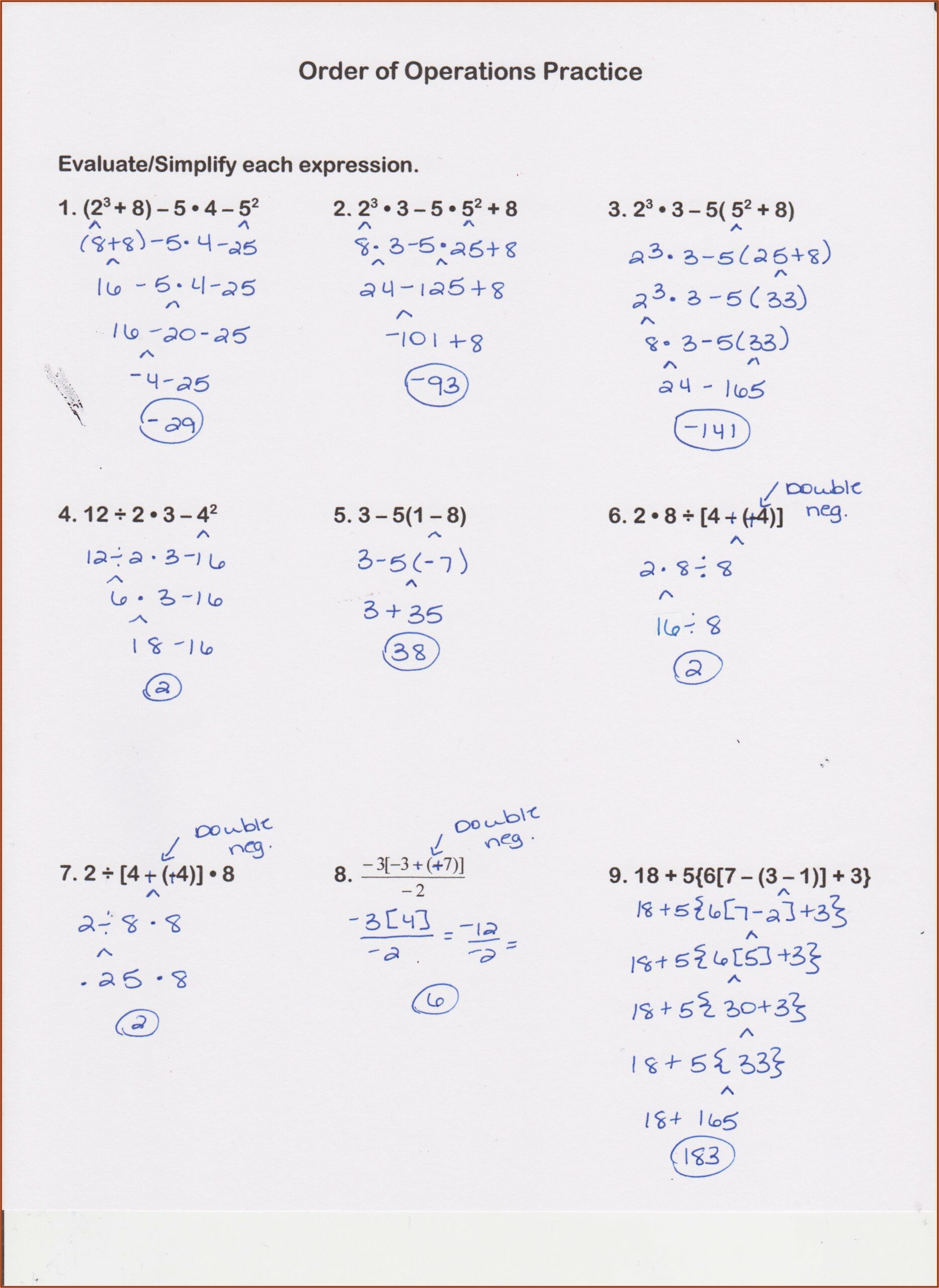 Order Of Operations Printable Worksheets With Answers