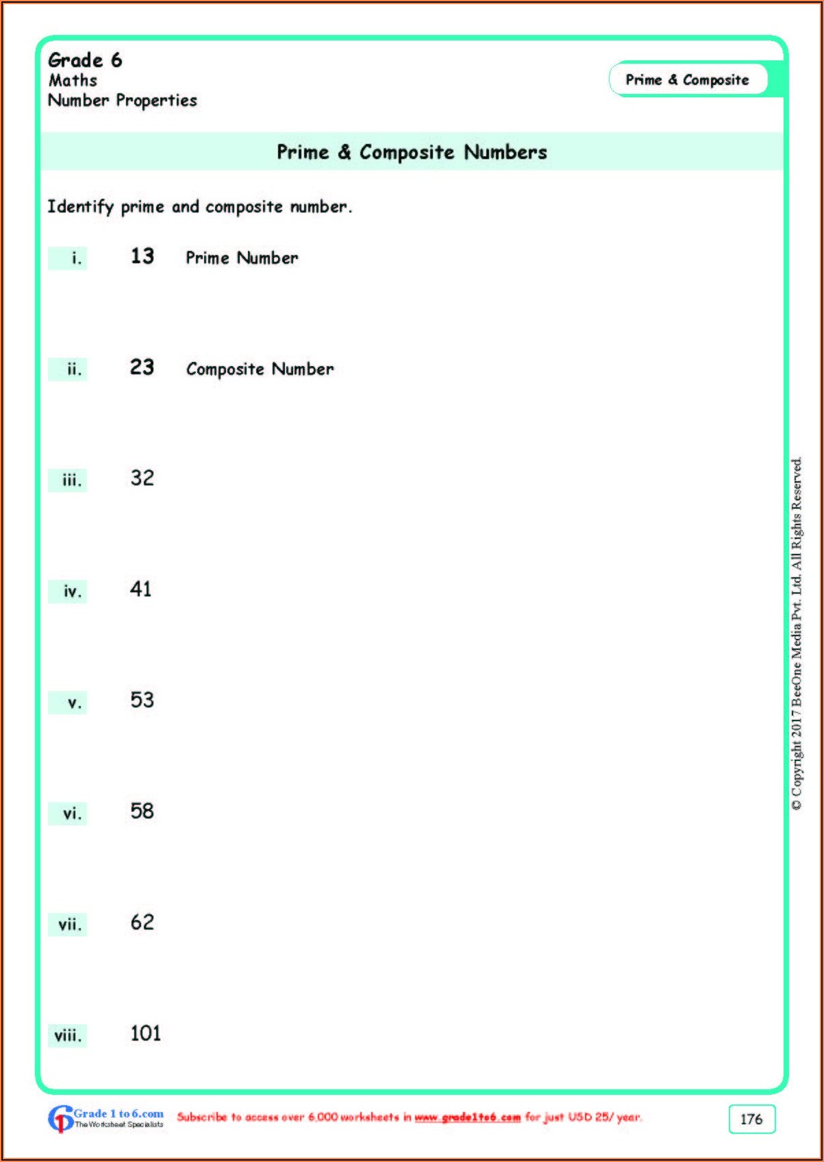 Prime Numbers Worksheet Grade 6