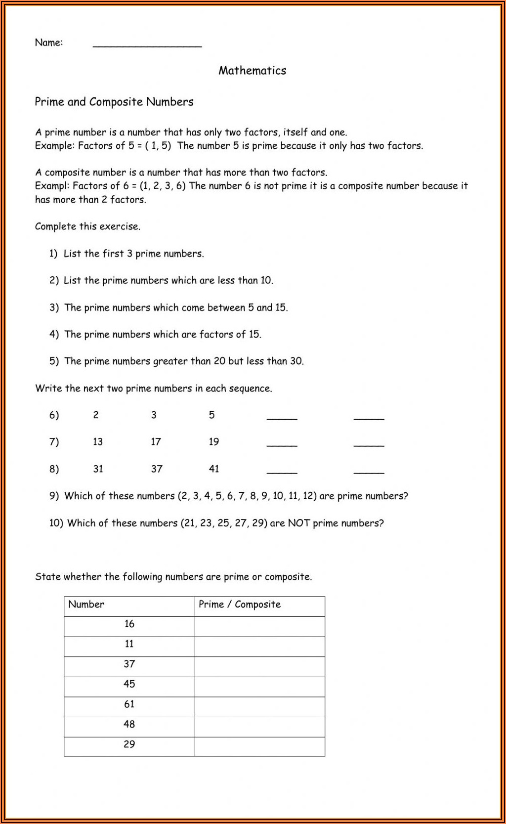 Prime Numbers Worksheet Grade 7