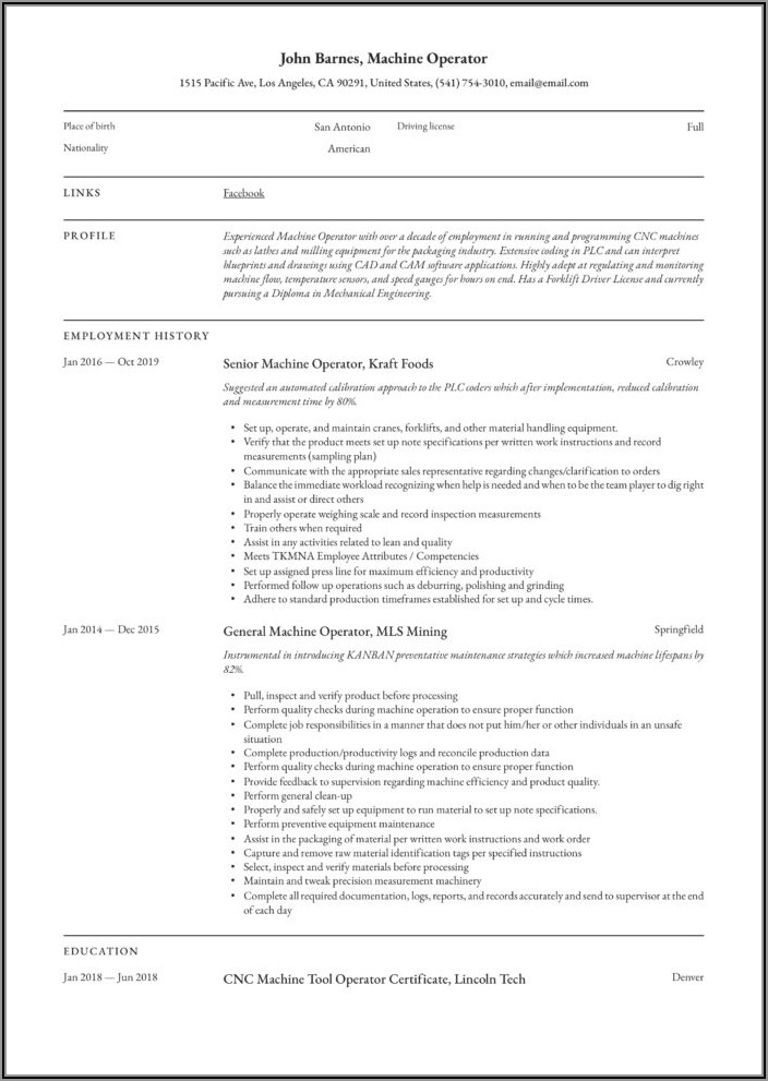 Resume Example For Cnc Machinist