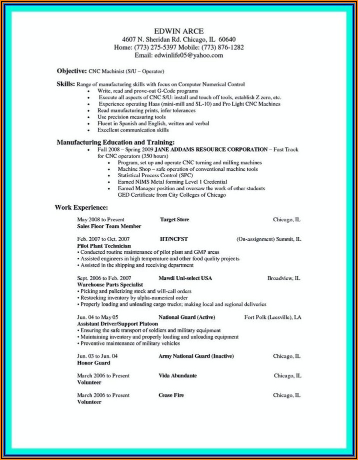 Resume Format Sample For Machinist