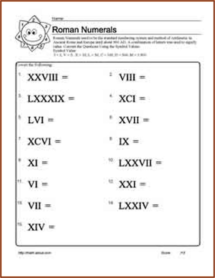 Roman Numerals Exercises For Grade 1