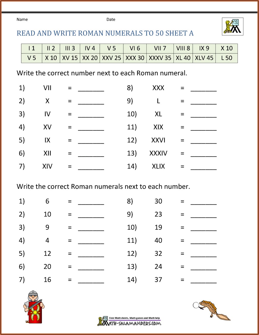 Roman Numerals Worksheet For Grade 1 Pdf