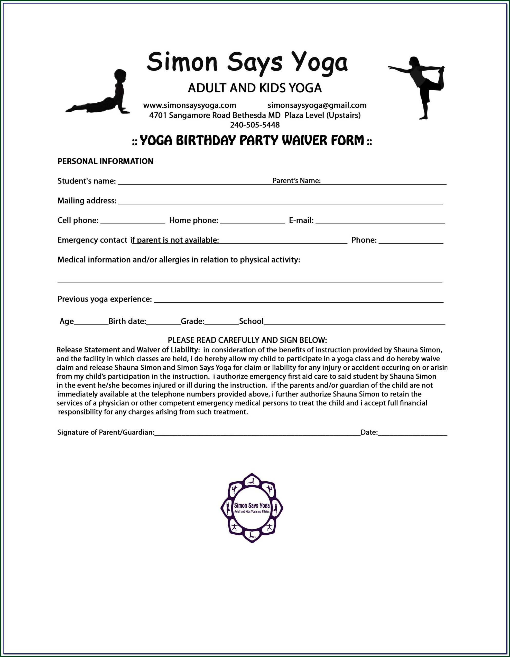 Sample Waiver Form For Yoga Class