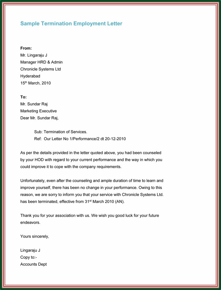 Termination Of Employment Letter Sample Uk