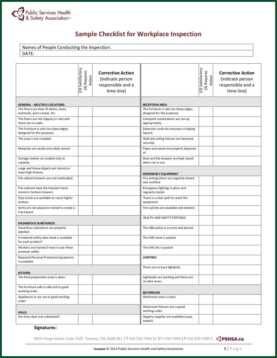 Workplace Health And Safety Inspection Form