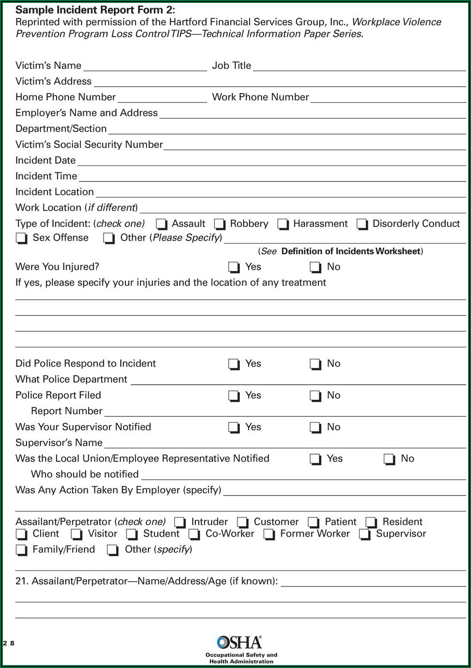 Workplace Incident Report Form Sample