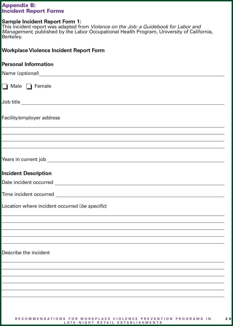 Workplace Violence Incident Report Form Sample