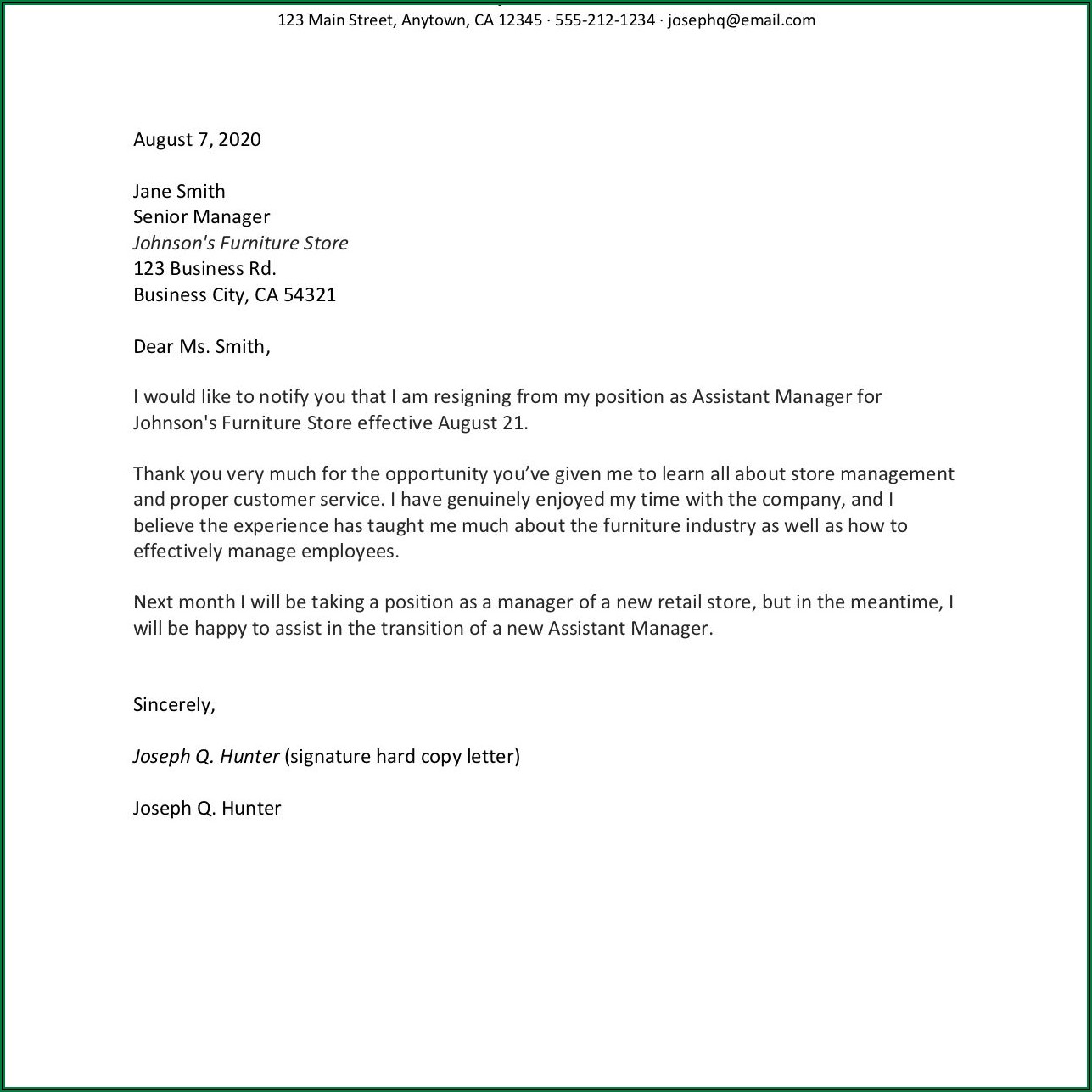 Write Resignation Letter Example