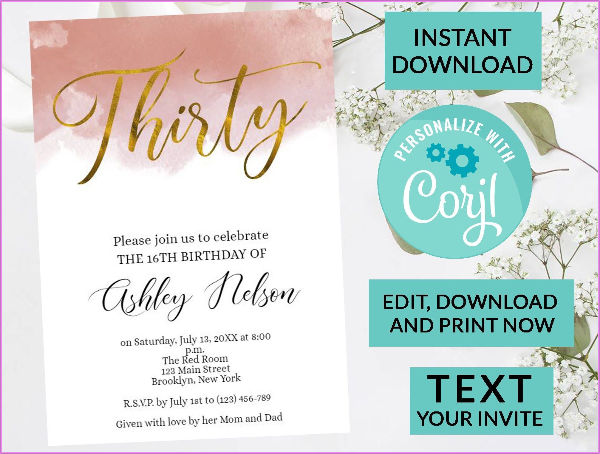 30th Birthday Party Invitations Rose Gold