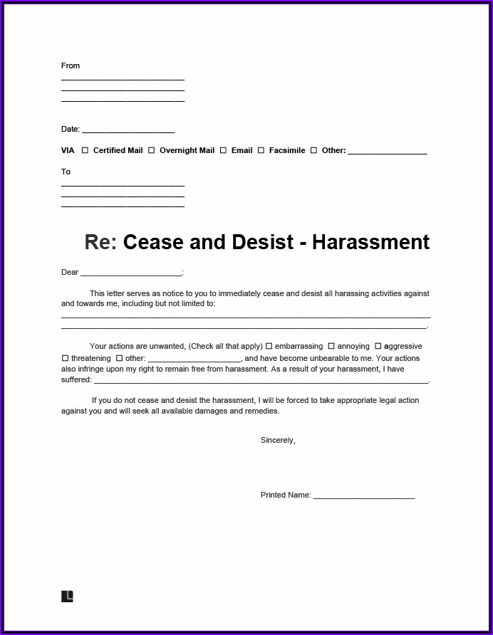 Cease And Desist Letter Harassment Example Uk