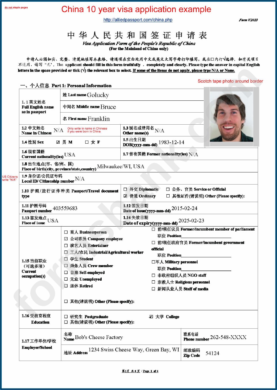 China Visa Application Form Download Pdf