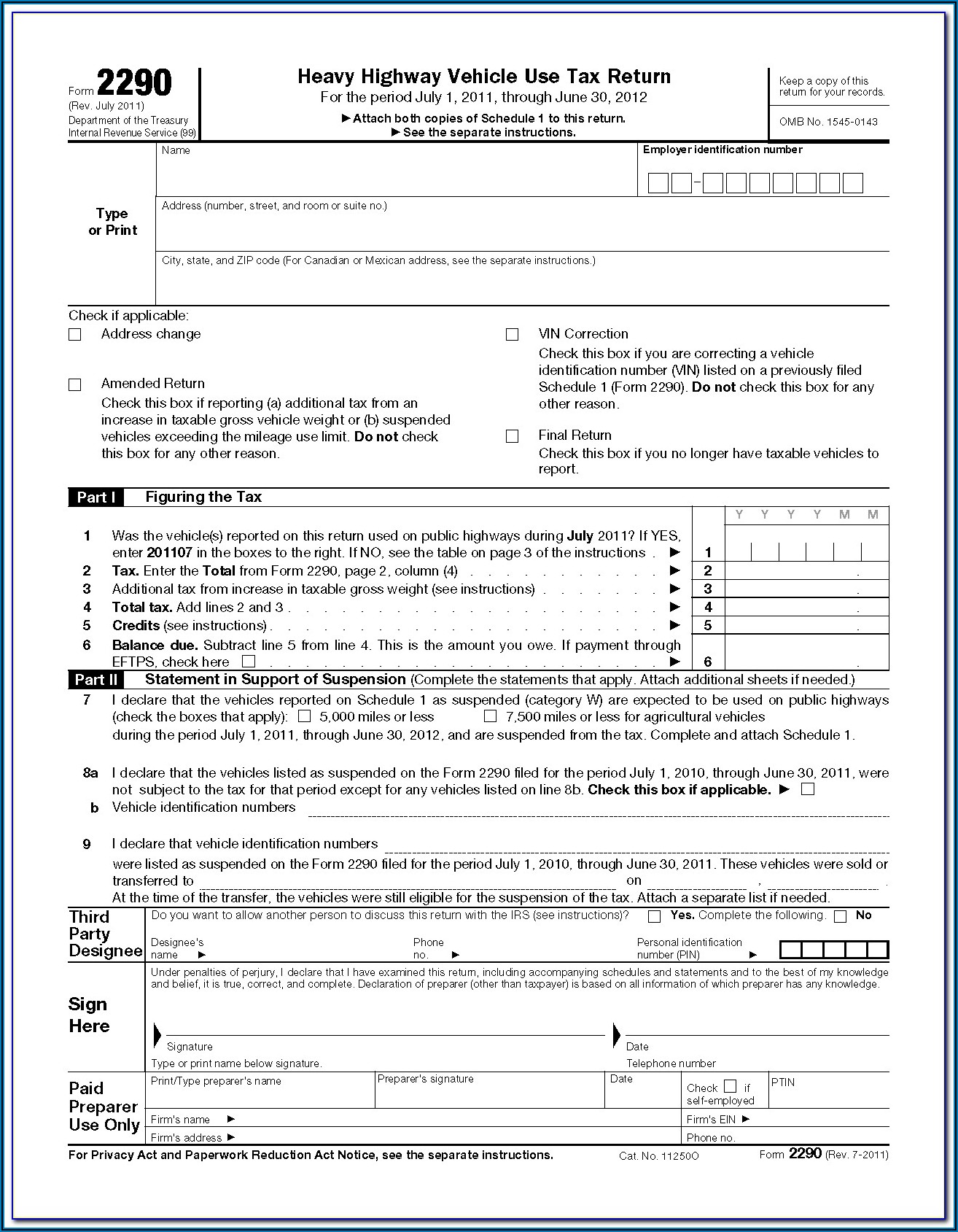 Department Of Treasury Irs Form 2290