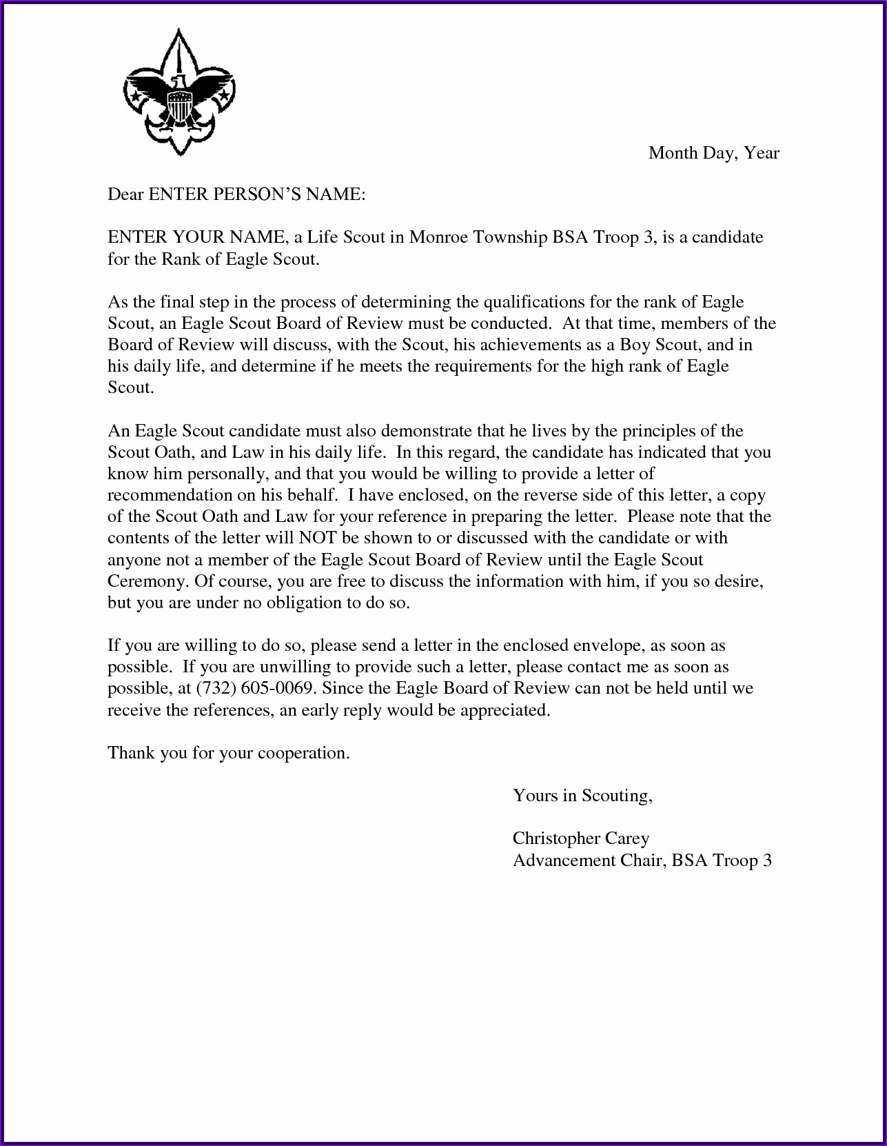 Eagle Scout Letter Of Recommendation Sample From Employer