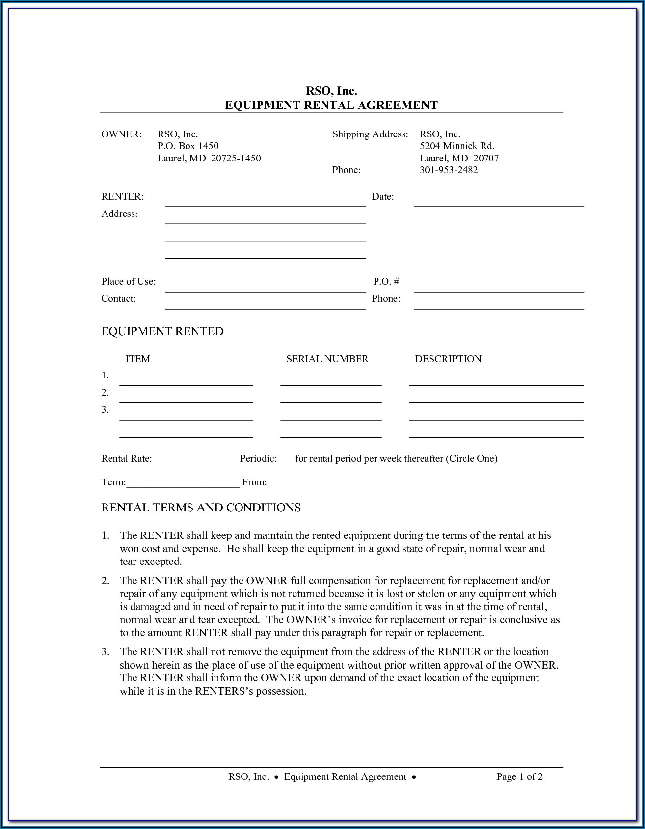 Equipment Rental Agreement Forms Free Download