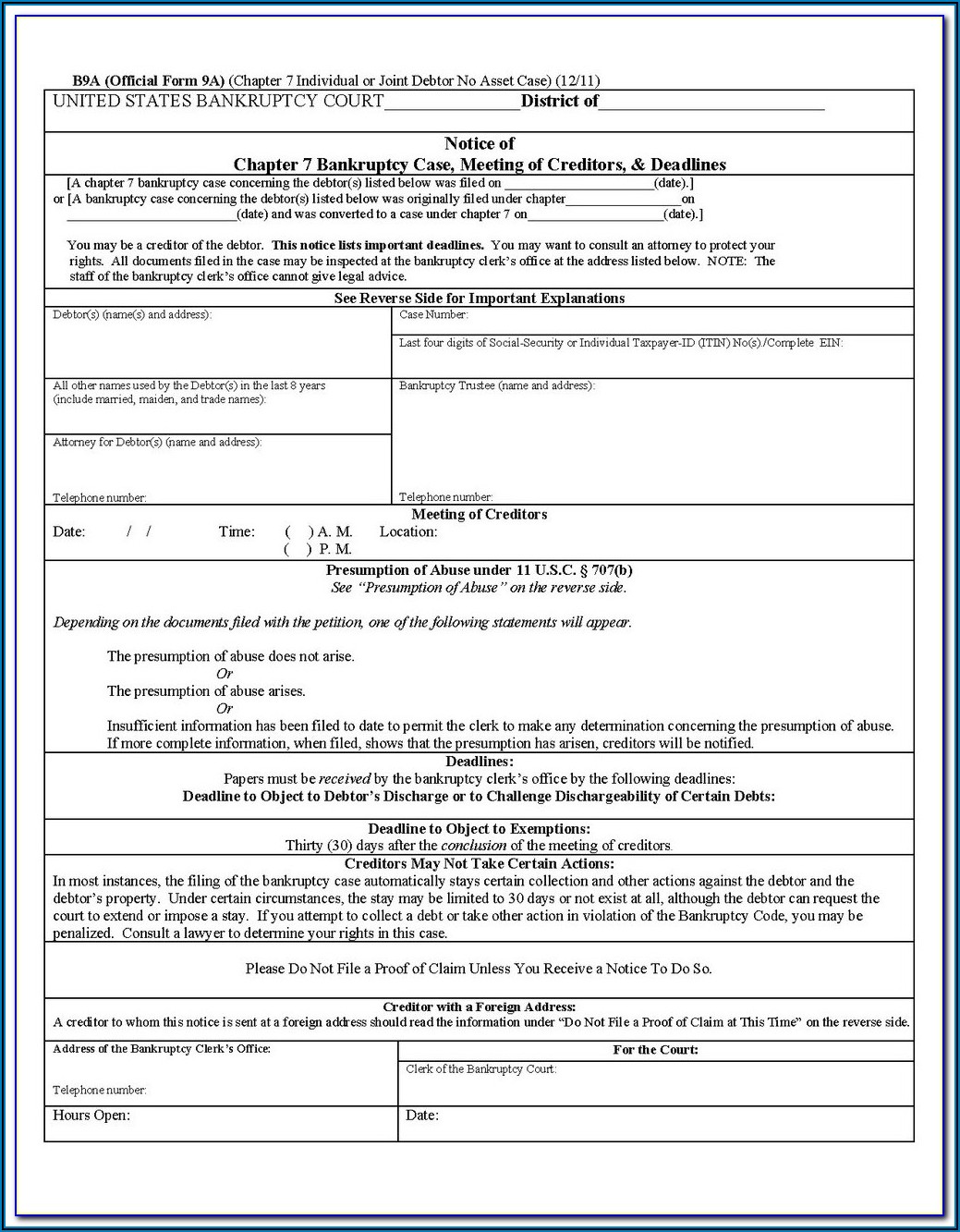 Forms For Filing Chapter 7 Bankruptcy In California