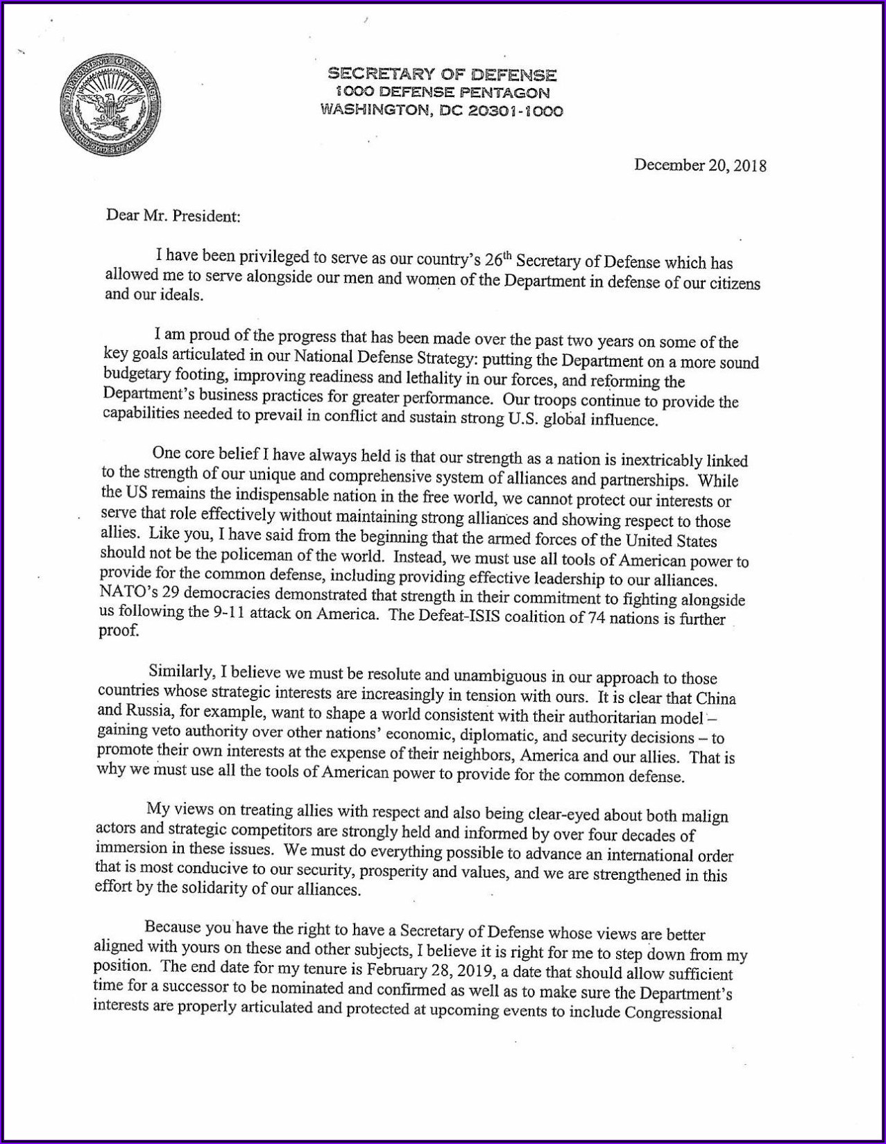 Jim Mattis Resignation Letter Pdf
