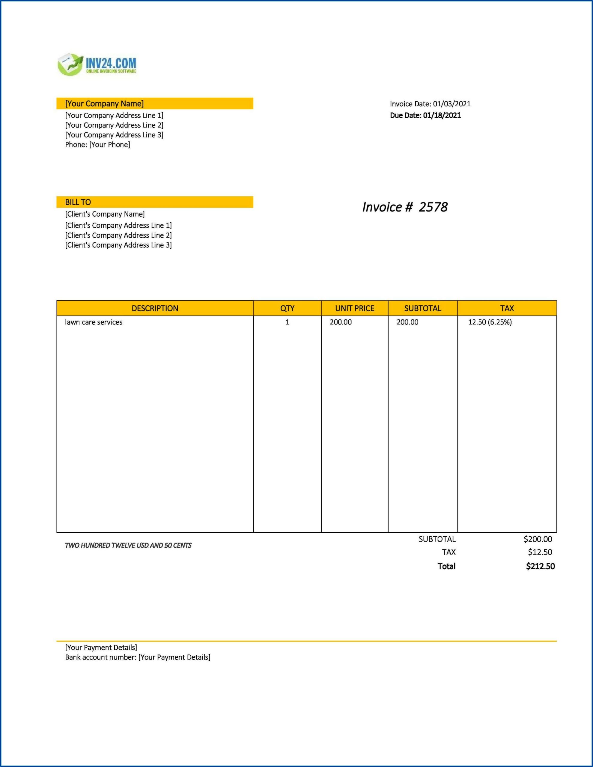 Lawn Care Invoice Template Excel