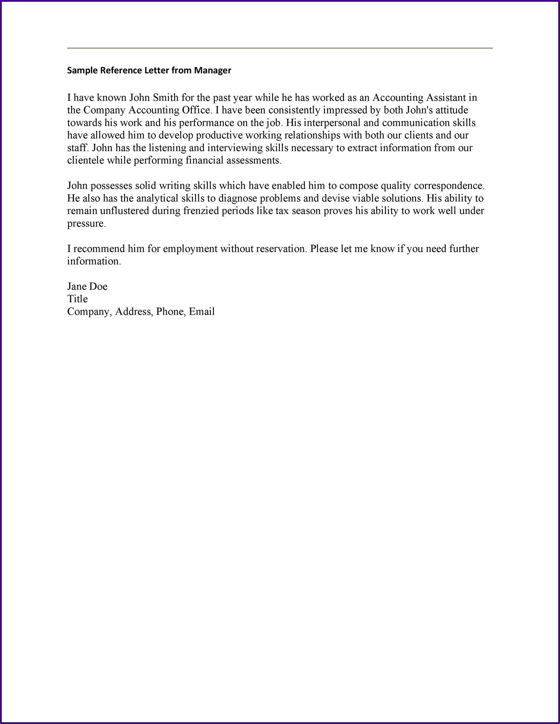 Letter Of Recommendation For Employee From Manager Template