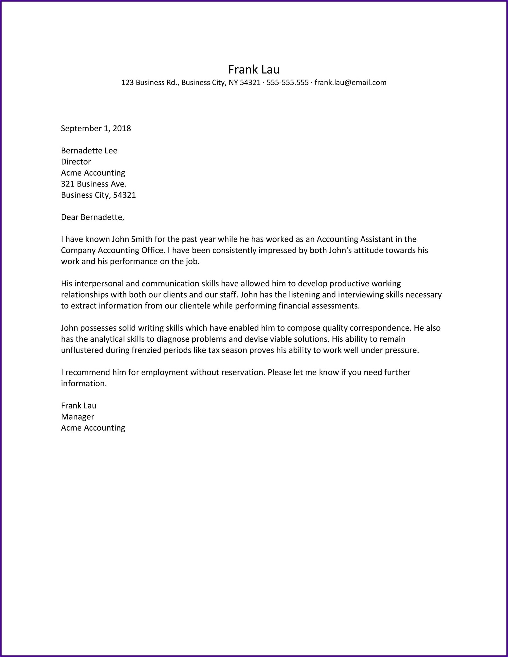 Letter Of Recommendation For Employee Sample