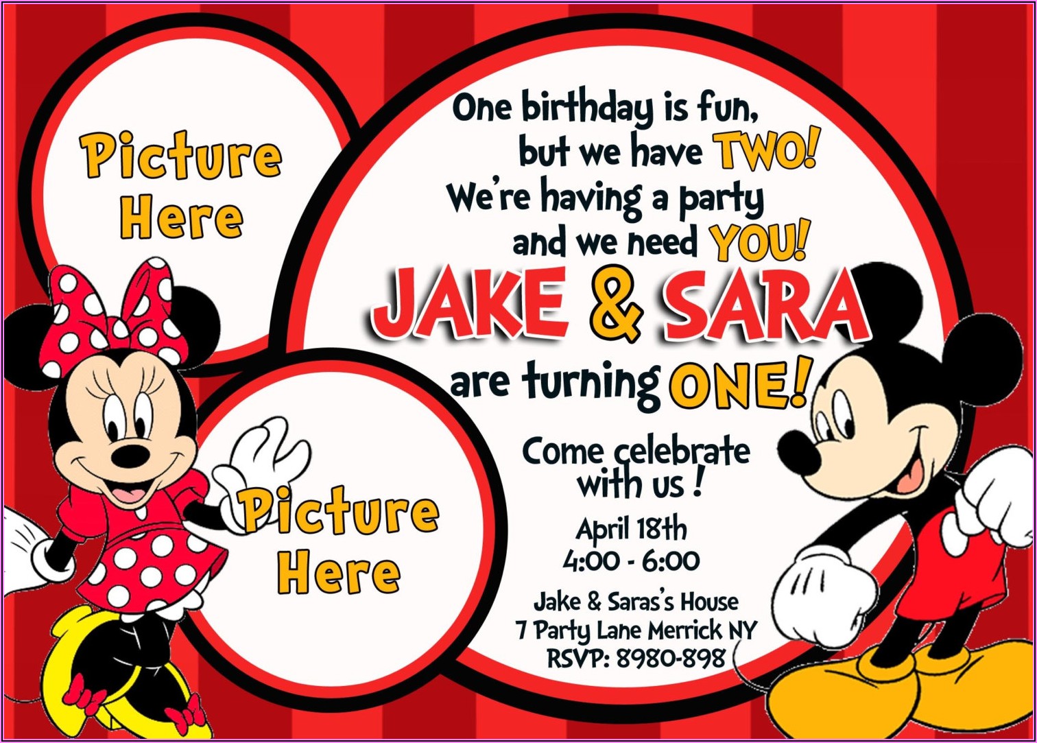 Mickey And Minnie Mouse Photo Birthday Invitations