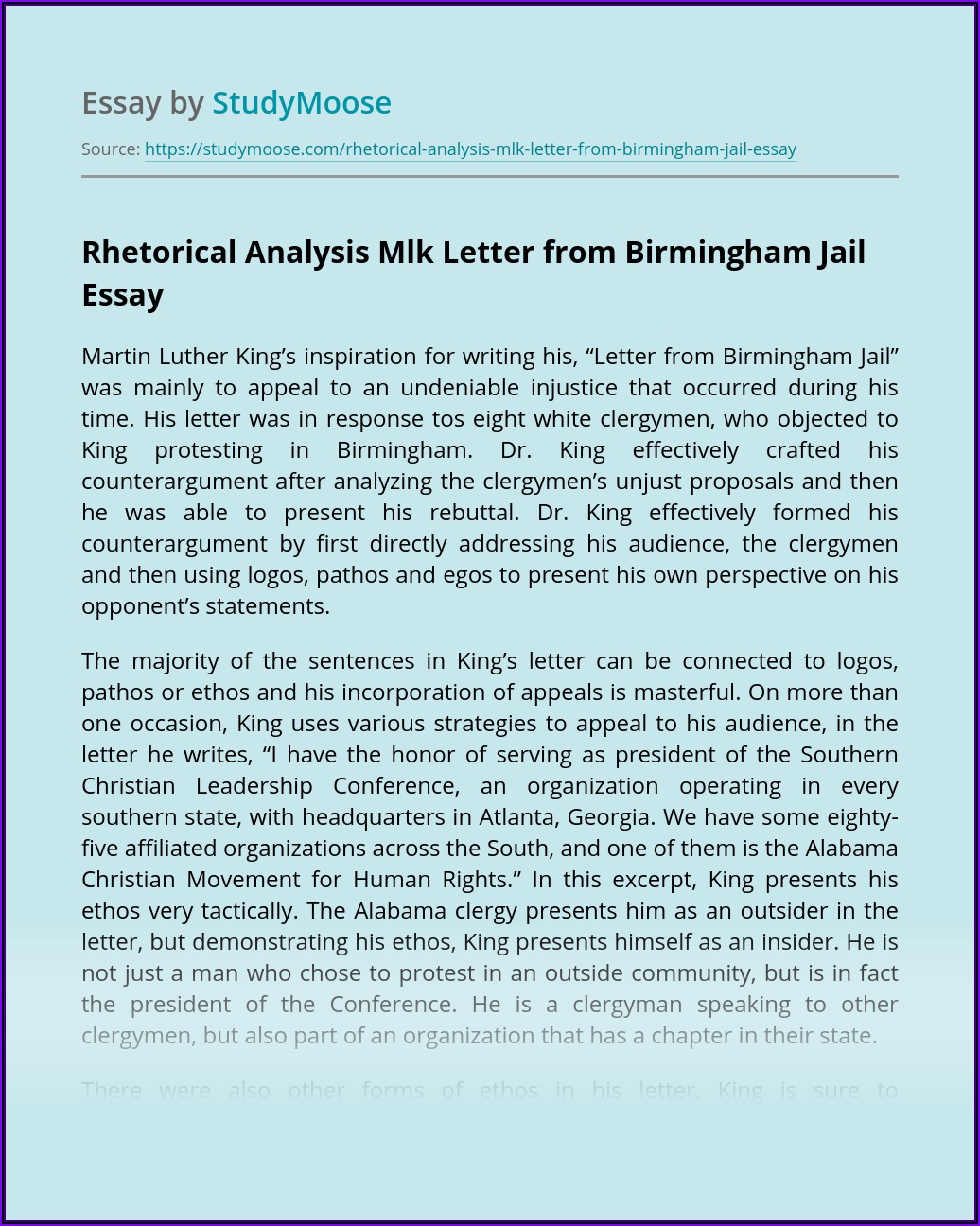 Mlk Letter From Birmingham Jail Rhetorical Analysis