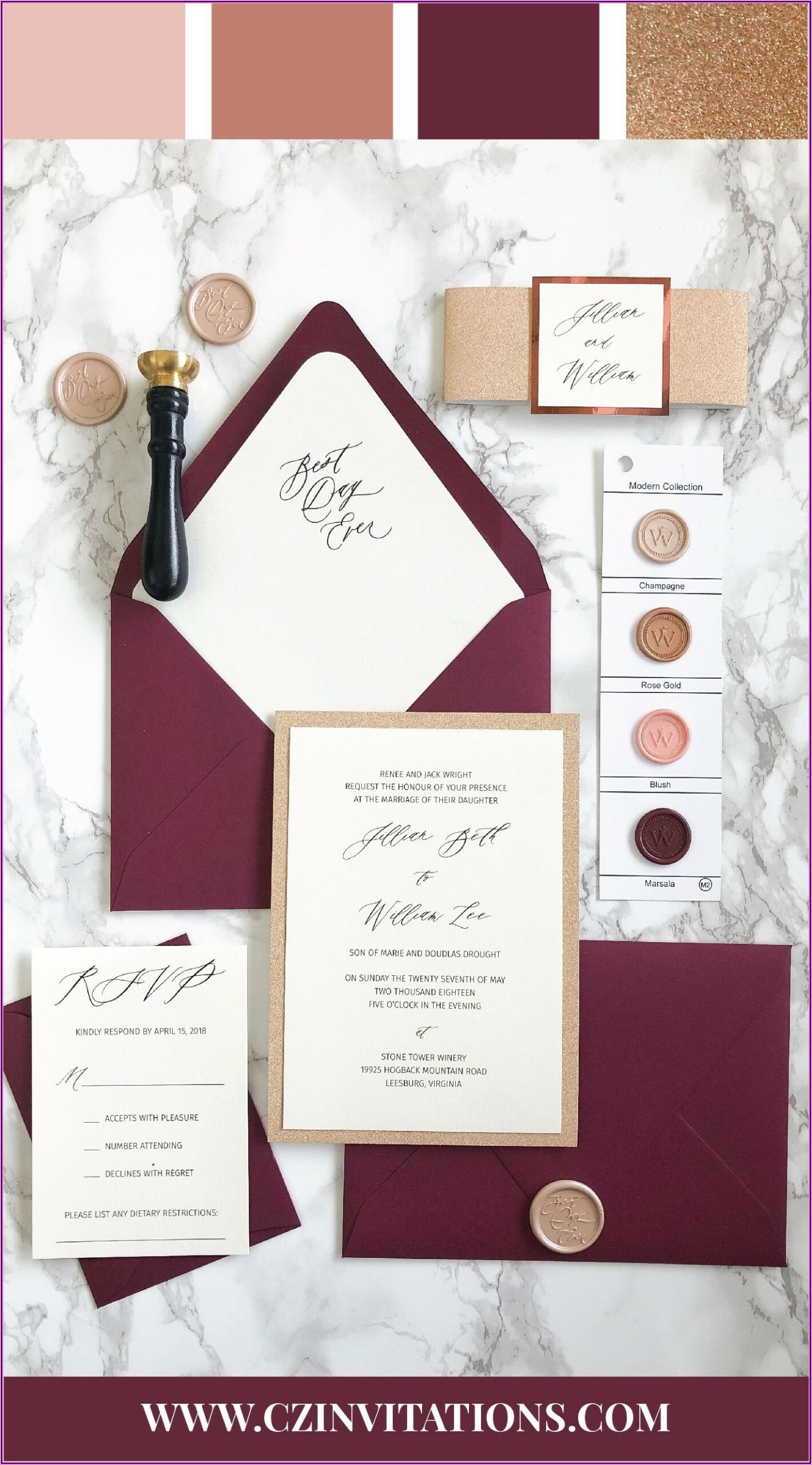 Rose Gold And Burgundy Wedding Invitations