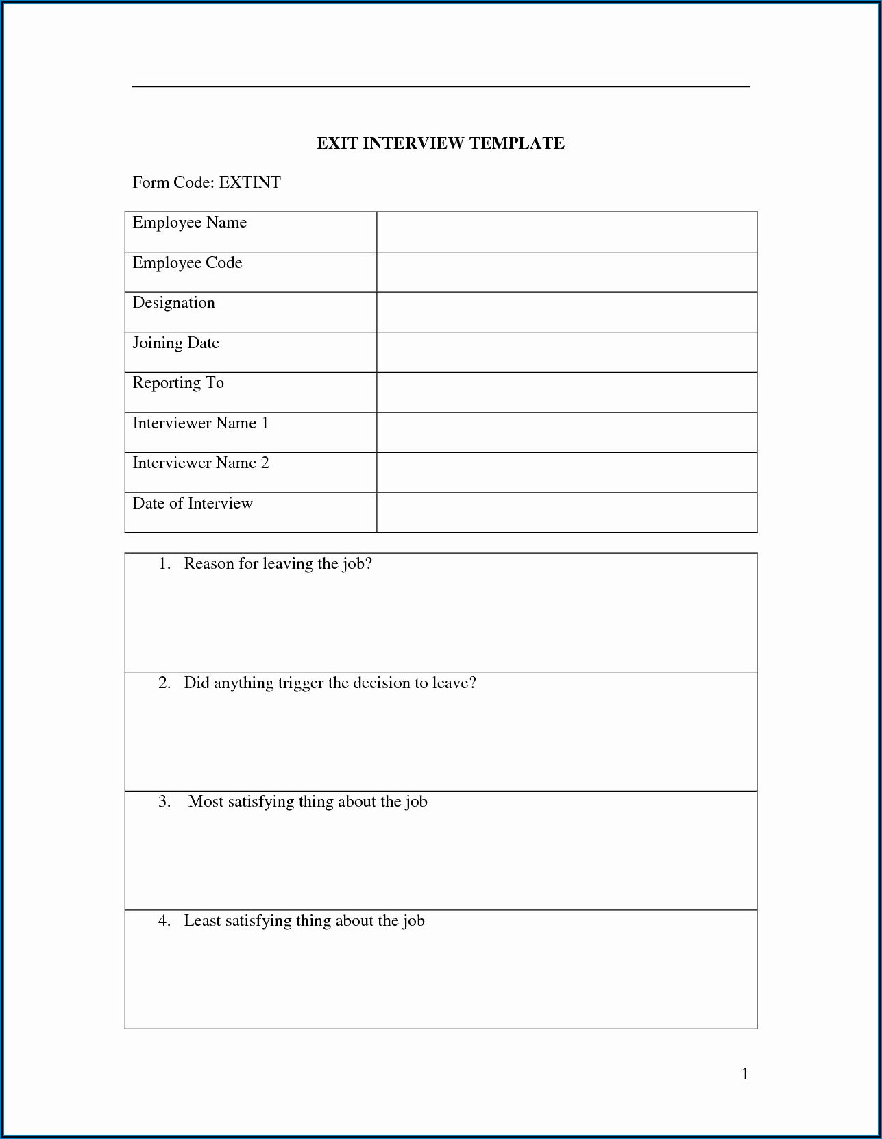 Template Of Exit Interview Form