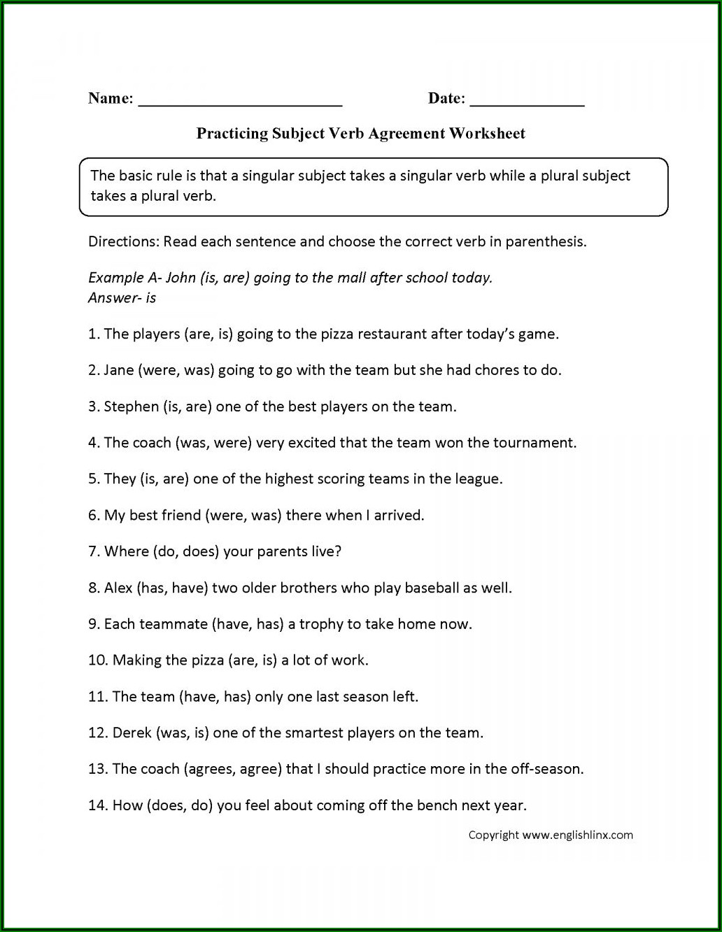 2nd Grade Subject Verb Agreement Worksheets