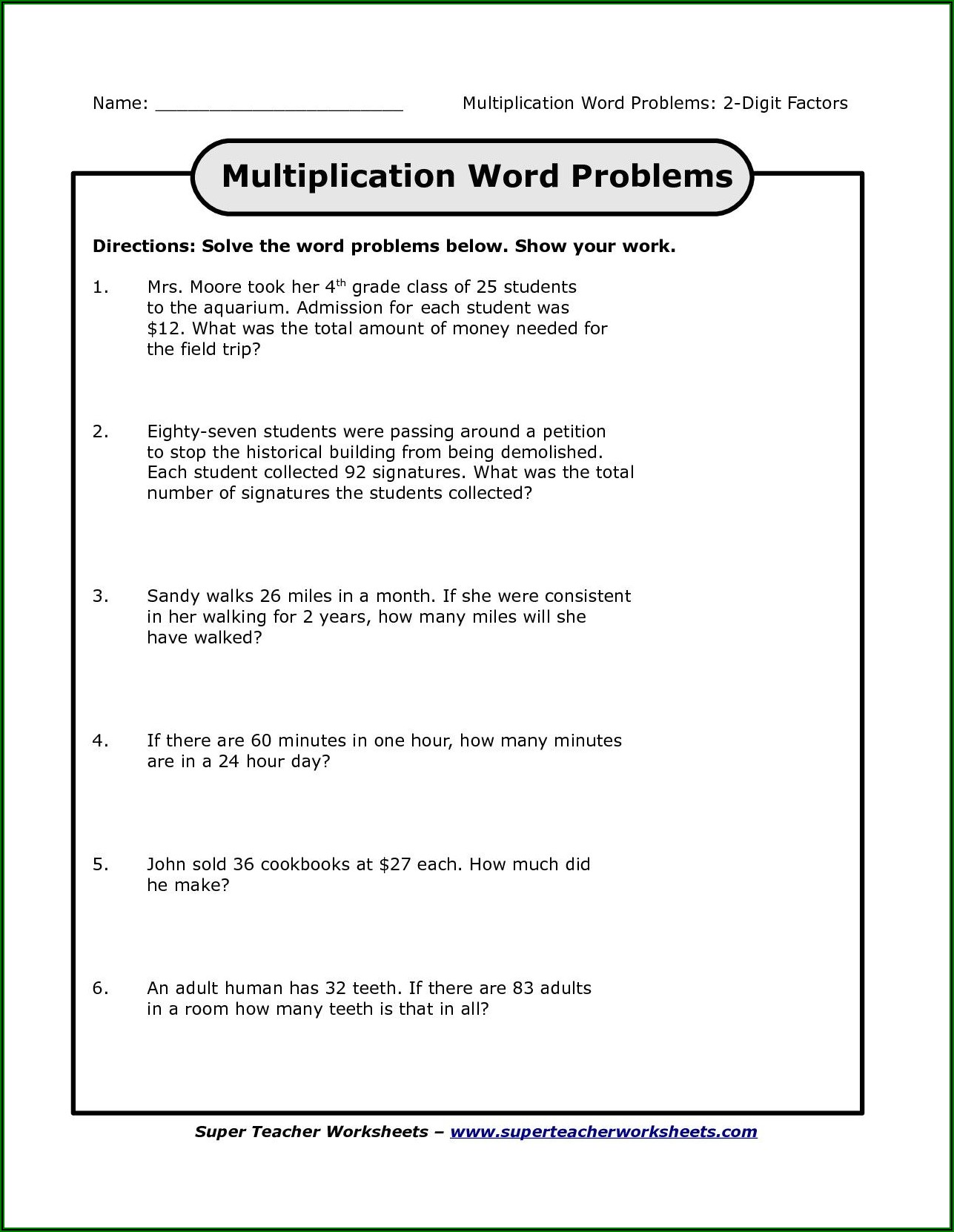 5th Grade Math Word Problems Worksheets Printable