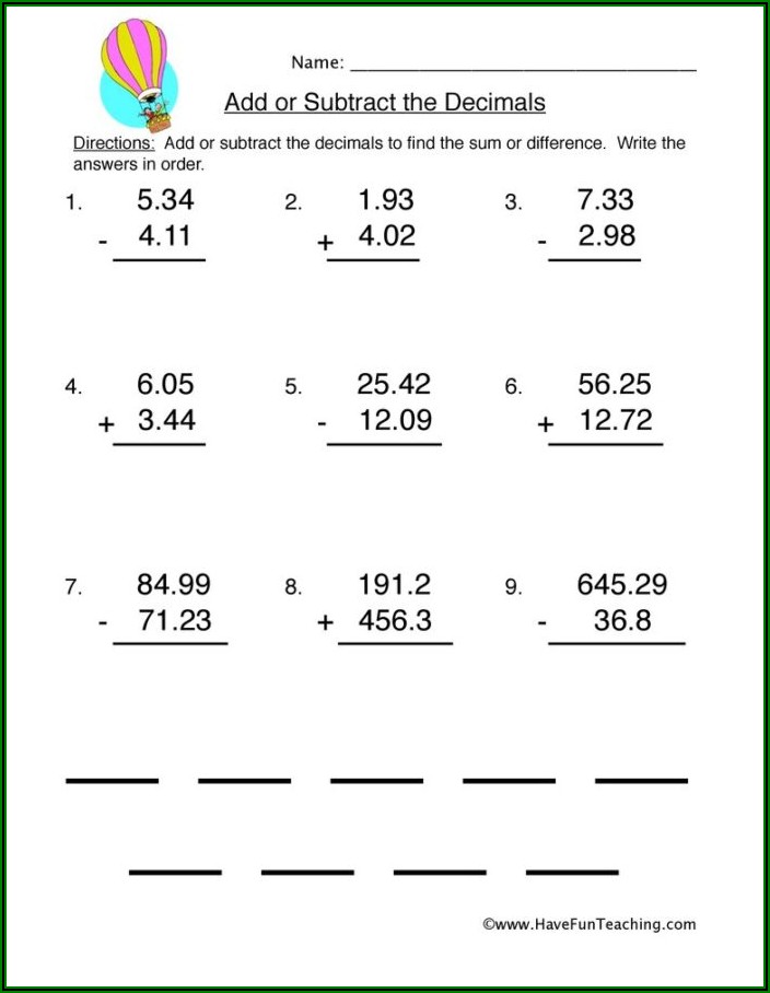 Adding And Subtracting Decimals Word Problems Worksheets