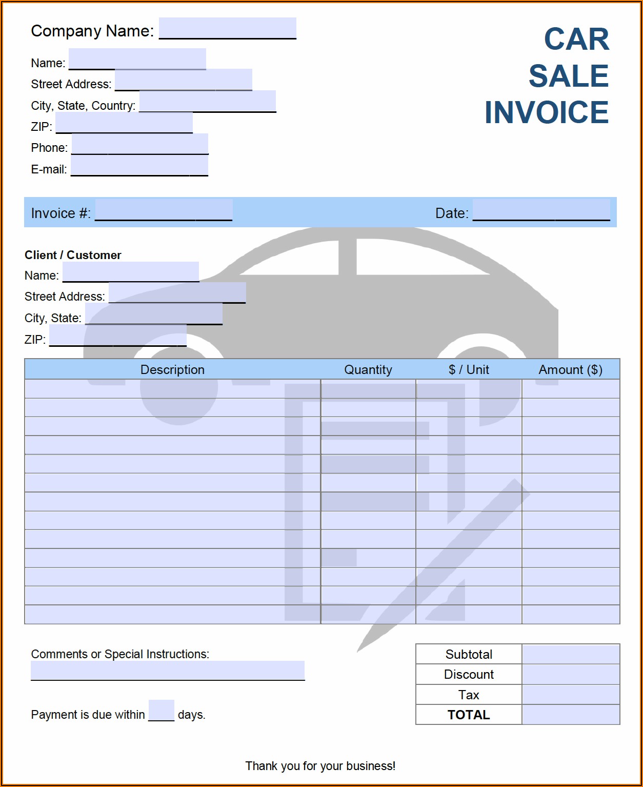 Car Sales Invoice Template Free Pdf