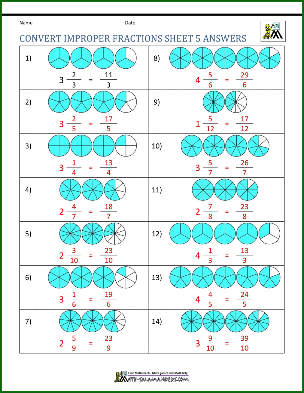 Converting Improper Fractions To Mixed Numbers Worksheet 4th Grade