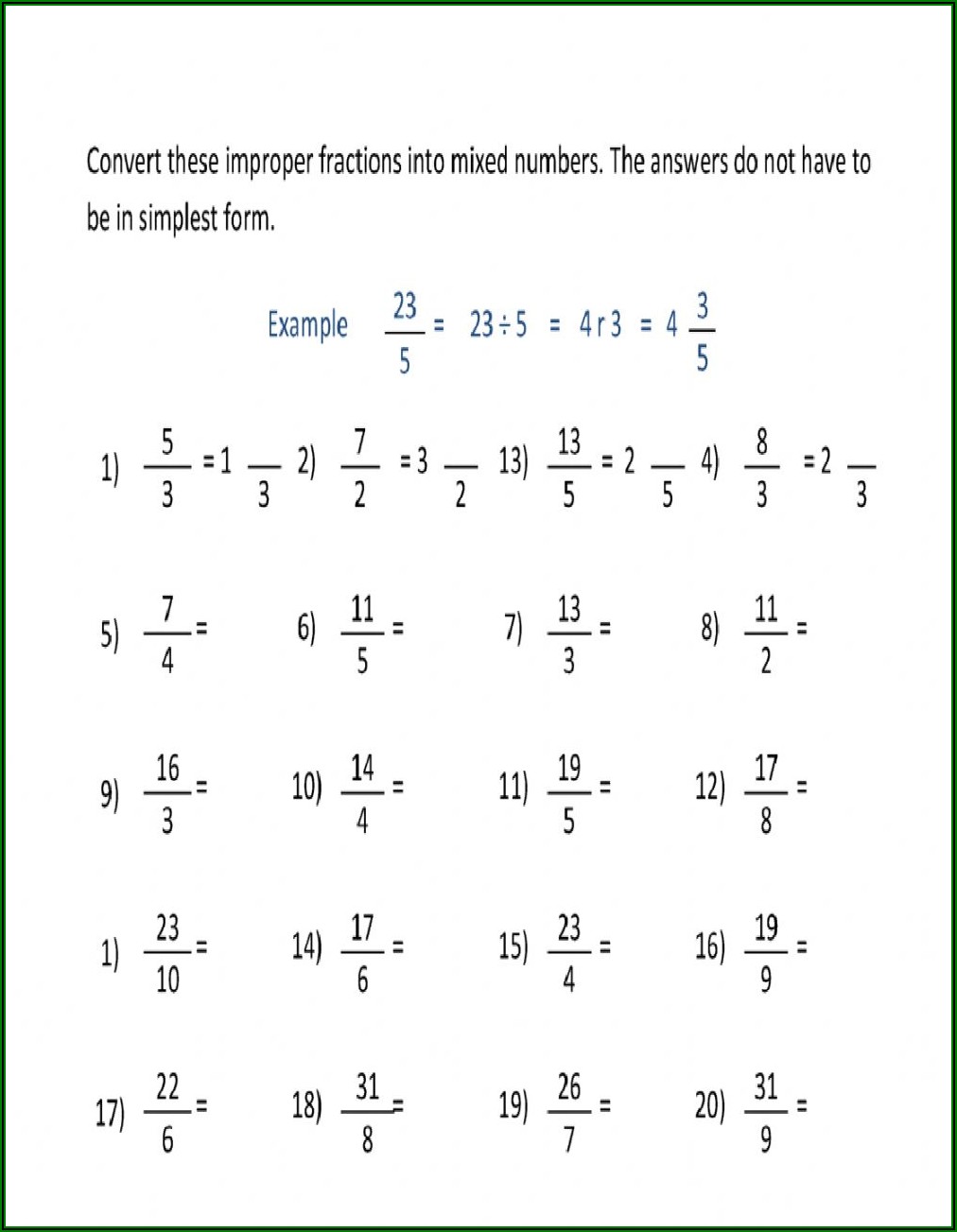Converting Improper Fractions To Mixed Numbers Worksheet For Grade 3