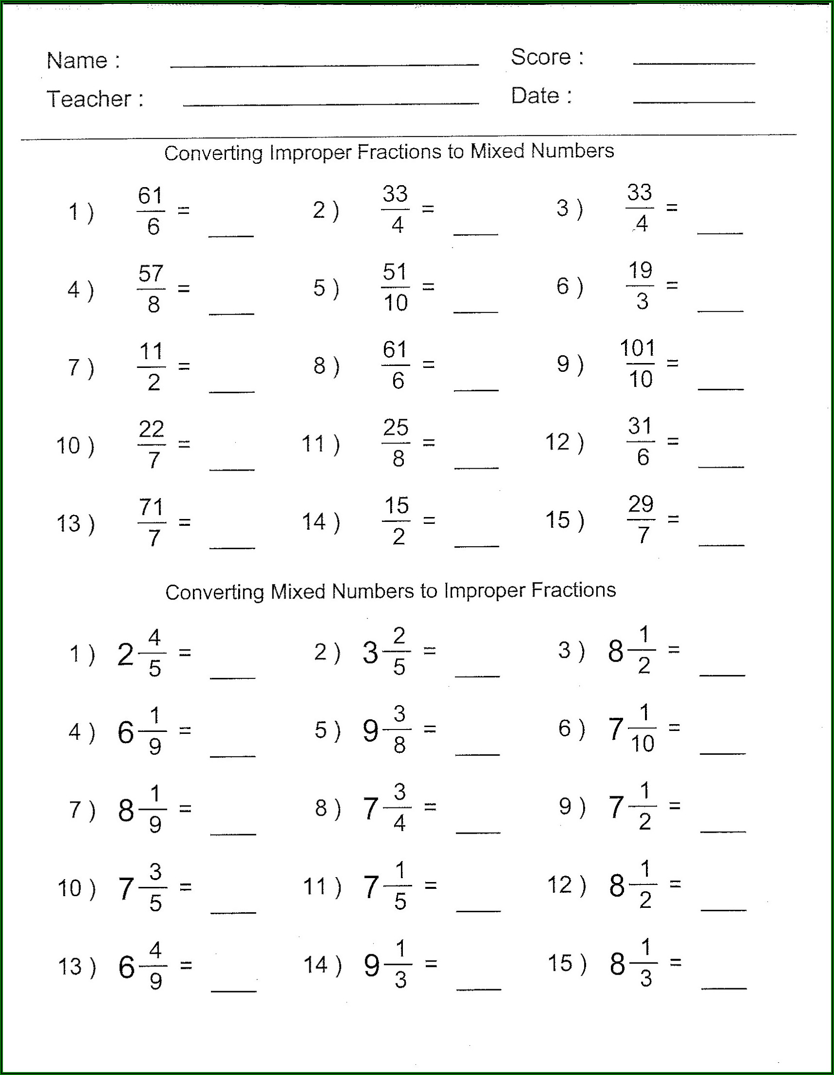 Converting Improper Fractions To Mixed Numbers Worksheet Pdf